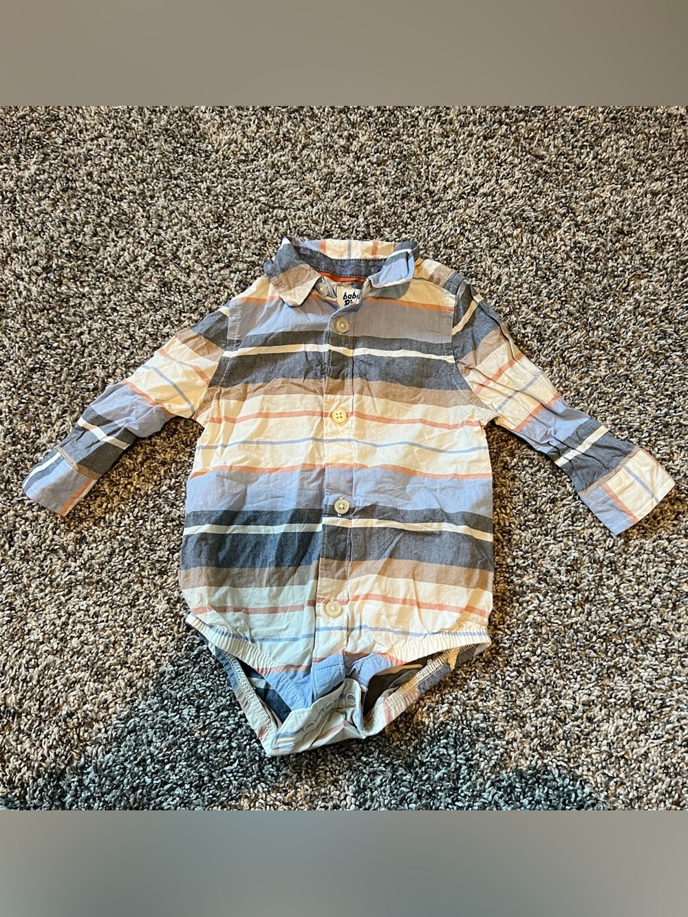 Striped Long-Sleeve Baby Bodysuit Shirt - Blue, Gray & Tan